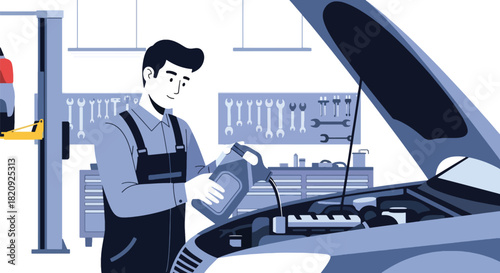 Mechanic performing oil change beneath lifted car in clean garage. Ideal for maintenance ads, auto repair visuals, service promotions, and mechanical illustrations