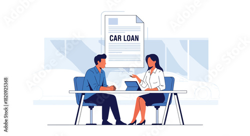 Customer discussing car financing options with advisor at dealership office. Ideal for financial services, auto loans, car buying guides, and dealership marketing