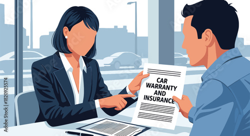 Dealer explaining car warranty and insurance details to customer. Ideal for automotive service guides, business visuals, and dealership communication content