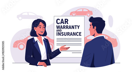 Dealer explaining car warranty and insurance details to customer. Ideal for automotive service guides, business visuals, and dealership communication content