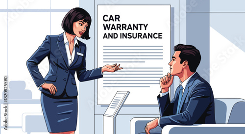Dealer explaining car warranty and insurance details to customer. Ideal for automotive service guides, business visuals, and dealership communication content