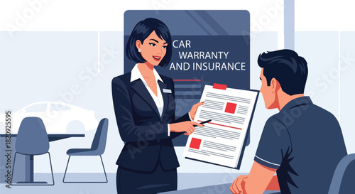 Dealer explaining car warranty and insurance details to customer. Ideal for automotive service guides, business visuals, and dealership communication content