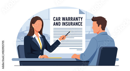 Dealer explaining car warranty and insurance details to customer. Ideal for automotive service guides, business visuals, and dealership communication content