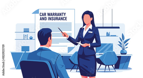 Dealer explaining car warranty and insurance details to customer. Ideal for automotive service guides, business visuals, and dealership communication content