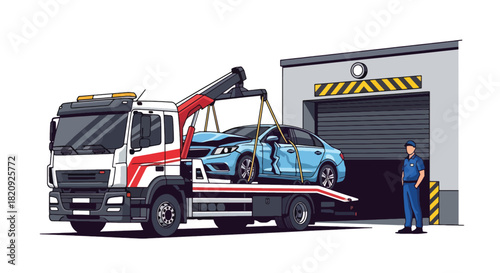 Tow truck unloading damaged car at repair shop entrance. Ideal for roadside assistance visuals, auto repair ads, and vehicle recovery illustrations