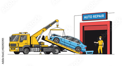 Tow truck unloading damaged car at repair shop entrance. Ideal for roadside assistance visuals, auto repair ads, and vehicle recovery illustrations