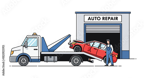 Tow truck unloading damaged car at repair shop entrance. Ideal for roadside assistance visuals, auto repair ads, and vehicle recovery illustrations