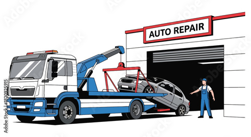 Tow truck unloading damaged car at repair shop entrance. Ideal for roadside assistance visuals, auto repair ads, and vehicle recovery illustrations