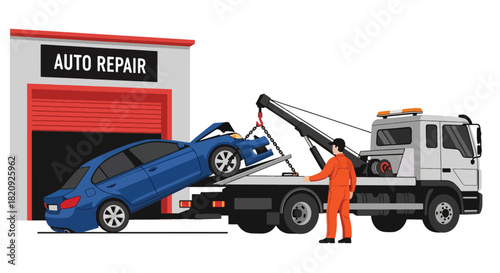 Tow truck unloading damaged car at repair shop entrance. Ideal for roadside assistance visuals, auto repair ads, and vehicle recovery illustrations