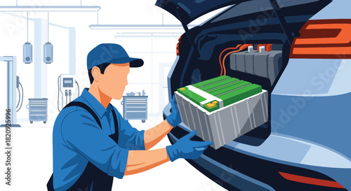 Mechanic installing new car battery inside modern garage. Ideal for maintenance ads, automotive service content, repair shop visuals, and mechanic illustrations