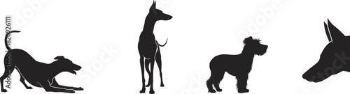 Dog silhouettes, playful pose, standing dog, fluffy breed, dog head, pet art, canine shapes, animal posture, breed variety, puppy stance, dog icon, black silhouette, pet design