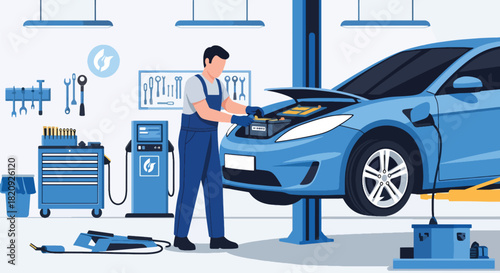 Mechanic installing new car battery inside modern garage. Ideal for maintenance ads, automotive service content, repair shop visuals, and mechanic illustrations