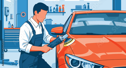 Detailing worker polishing car exterior for shine and finish quality. Ideal for auto cleaning ads, detailing services, car wash marketing, and automotive care visuals
