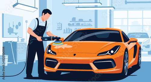 Detailing worker polishing car exterior for shine and finish quality. Ideal for auto cleaning ads, detailing services, car wash marketing, and automotive care visuals