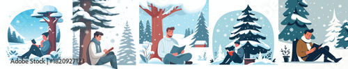 man leaning against snowy diphony reading a book
