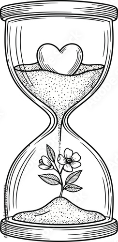 Visualize the fragility of love with a flower blossoming in an hourglass symbolizing time passing