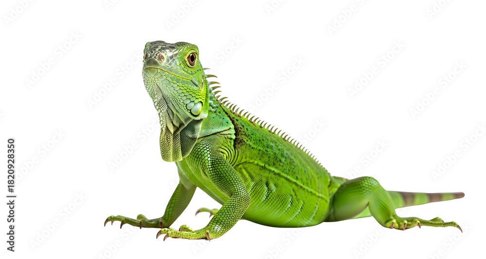 Obraz premium Green Iguana Looking Up Isolated on White Background