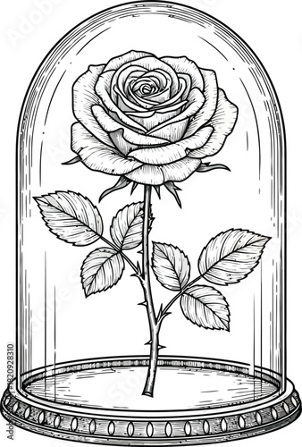 Enchanted rose under a glass bell jar shows beauty and the beast fairytale with love magic