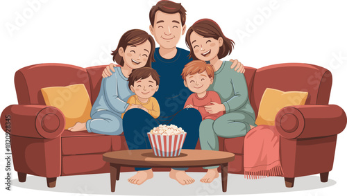 Family, couch, popcorn, movie night, bonding, children, parents, cozy, home, togetherness, smiles, relaxation, love, joyful, weekend, comfort, living room, blanket, happy, casual