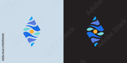Abstract water droplet logo design on light and dark backgrounds, perfect for a modern brand identity, showcasing fluidity, purity, and innovation, conveying peace and serenity