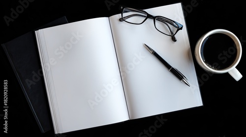 Open notebook with pen, glasses, and coffee cup on black background.