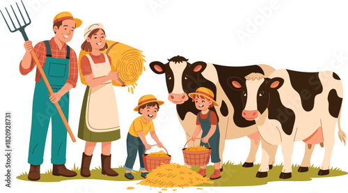 Farm, family, cows, agriculture, teamwork, children, hay, pitchfork, rural, lifestyle, barnyard, livestock, happy, outdoor, sunny, boots, harvest, feeding, countryside, tradition
