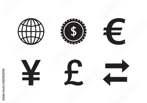Bold Currency Icons. Global currency silhouette icon set: globe, dollar coin, euro symbol, yen symbol, pound symbol, exchange arrows.
