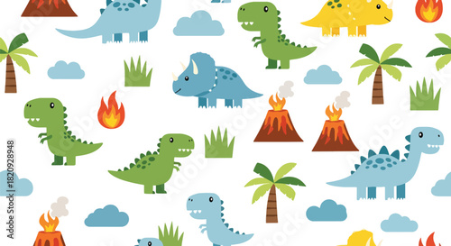 Seamless pattern of cute baby dinosaurs with volcanoes, trees, clouds, and playful shapes. Ideal for kids’ products, wallpapers, textiles, and nursery decorations