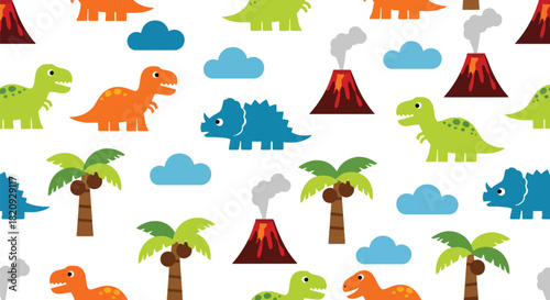 Seamless pattern of cute baby dinosaurs with volcanoes, trees, clouds, and playful shapes. Ideal for kids’ products, wallpapers, textiles, and nursery decorations