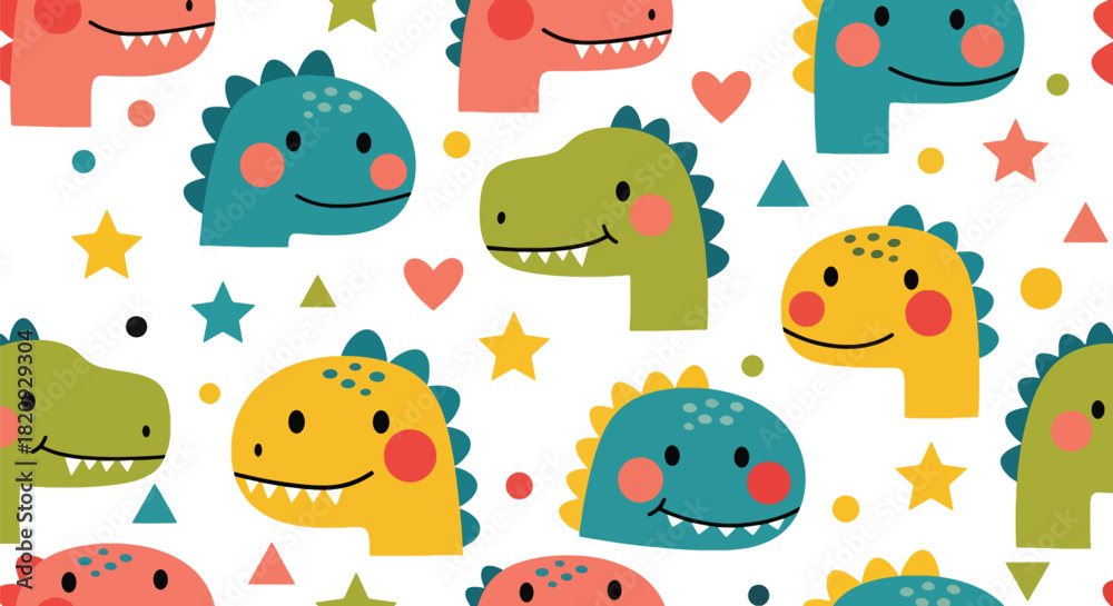 Fototapeta premium Repeating kawaii dinosaur heads with stars, hearts, and geometric dots. Ideal for children’s designs, stationery, textiles, and fun modern patterns