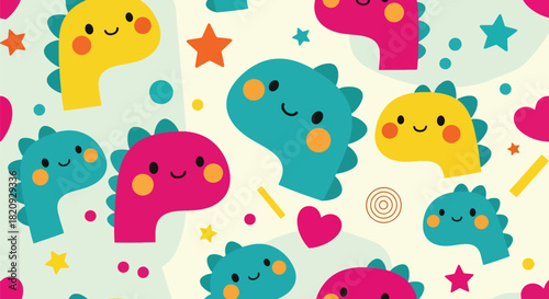 Repeating kawaii dinosaur heads with stars, hearts, and geometric dots. Ideal for children’s designs, stationery, textiles, and fun modern patterns