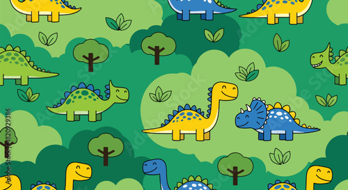 Seamless forest pattern featuring friendly dinosaurs walking among plants and leaves. Ideal for kids’ textiles, prints, wallpapers, and educational designs