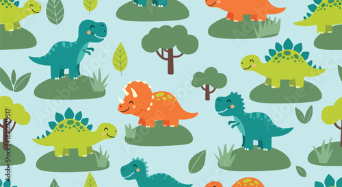 Seamless forest pattern featuring friendly dinosaurs walking among plants and leaves. Ideal for kids’ textiles, prints, wallpapers, and educational designs