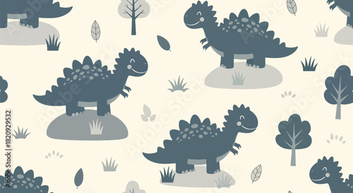 Seamless forest pattern featuring friendly dinosaurs walking among plants and leaves. Ideal for kids’ textiles, prints, wallpapers, and educational designs