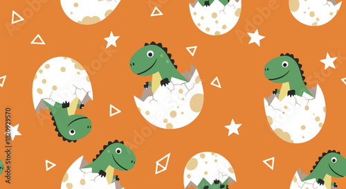 Seamless pattern of baby dinosaurs hatching from eggs with stars and small decorative shapes. Ideal for nursery prints, kids’ fabrics, and playful backgrounds
