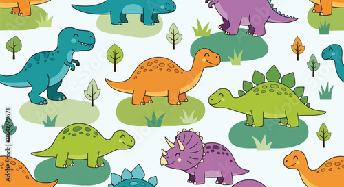 Seamless forest pattern featuring friendly dinosaurs walking among plants and leaves. Ideal for kids’ textiles, prints, wallpapers, and educational designs