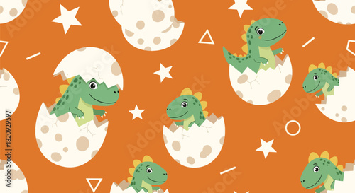 Seamless pattern of baby dinosaurs hatching from eggs with stars and small decorative shapes. Ideal for nursery prints, kids’ fabrics, and playful backgrounds