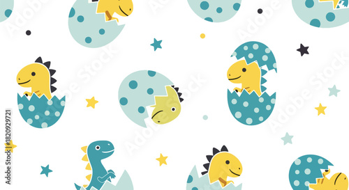 Seamless pattern of baby dinosaurs hatching from eggs with stars and small decorative shapes. Ideal for nursery prints, kids’ fabrics, and playful backgrounds