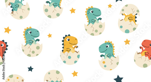 Seamless pattern of baby dinosaurs hatching from eggs with stars and small decorative shapes. Ideal for nursery prints, kids’ fabrics, and playful backgrounds