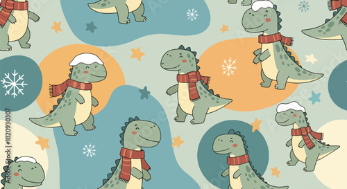 Seamless winter pattern featuring cute baby dinosaurs wearing scarves with snowflakes. Ideal for seasonal kids’ products, fabrics, and winter-themed decorations