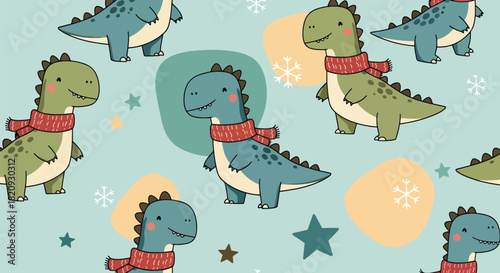 Seamless winter pattern featuring cute baby dinosaurs wearing scarves with snowflakes. Ideal for seasonal kids’ products, fabrics, and winter-themed decorations