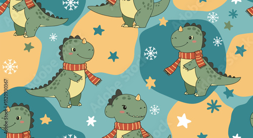 Seamless winter pattern featuring cute baby dinosaurs wearing scarves with snowflakes. Ideal for seasonal kids’ products, fabrics, and winter-themed decorations