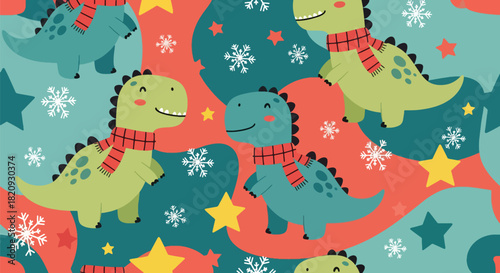 Seamless winter pattern featuring cute baby dinosaurs wearing scarves with snowflakes. Ideal for seasonal kids’ products, fabrics, and winter-themed decorations