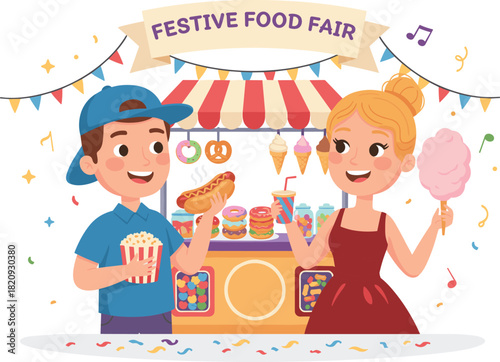 Festive food fair illustration, colorful snacks, happy kids, popcorn, cotton candy, hot dog, sweet treats, outdoor event, joyful atmosphere, celebration