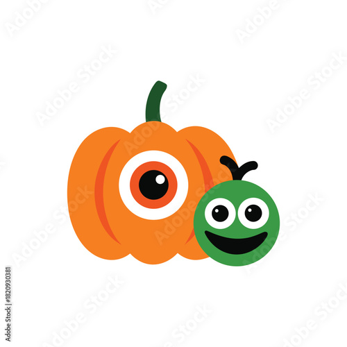 Funny Halloween Characters Icon. Cute One-Eyed Pumpkin and Happy Green Monster or Alien. Flat Vector Illustration.