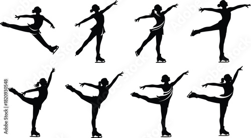 Figure skating silhouette, ice skater pose, graceful movement, winter sport, athletic balance, elegant choreography, black outline, performance art, frozen motion