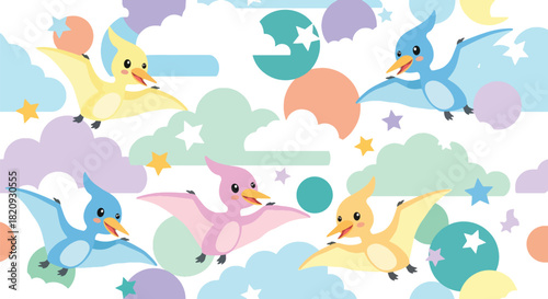 Repeating pattern of adorable flying pterosaurs among clouds and stars. Ideal for kids’ wallpapers, fabrics, and dreamy prehistoric-sky themes