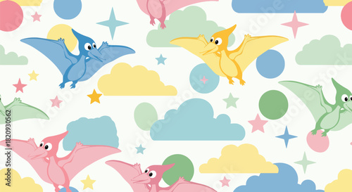 Repeating pattern of adorable flying pterosaurs among clouds and stars. Ideal for kids’ wallpapers, fabrics, and dreamy prehistoric-sky themes