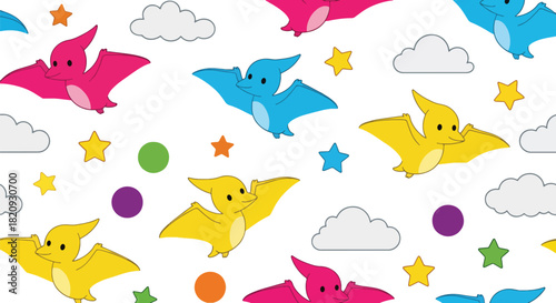 Repeating pattern of adorable flying pterosaurs among clouds and stars. Ideal for kids’ wallpapers, fabrics, and dreamy prehistoric-sky themes