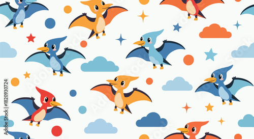 Repeating pattern of adorable flying pterosaurs among clouds and stars. Ideal for kids’ wallpapers, fabrics, and dreamy prehistoric-sky themes